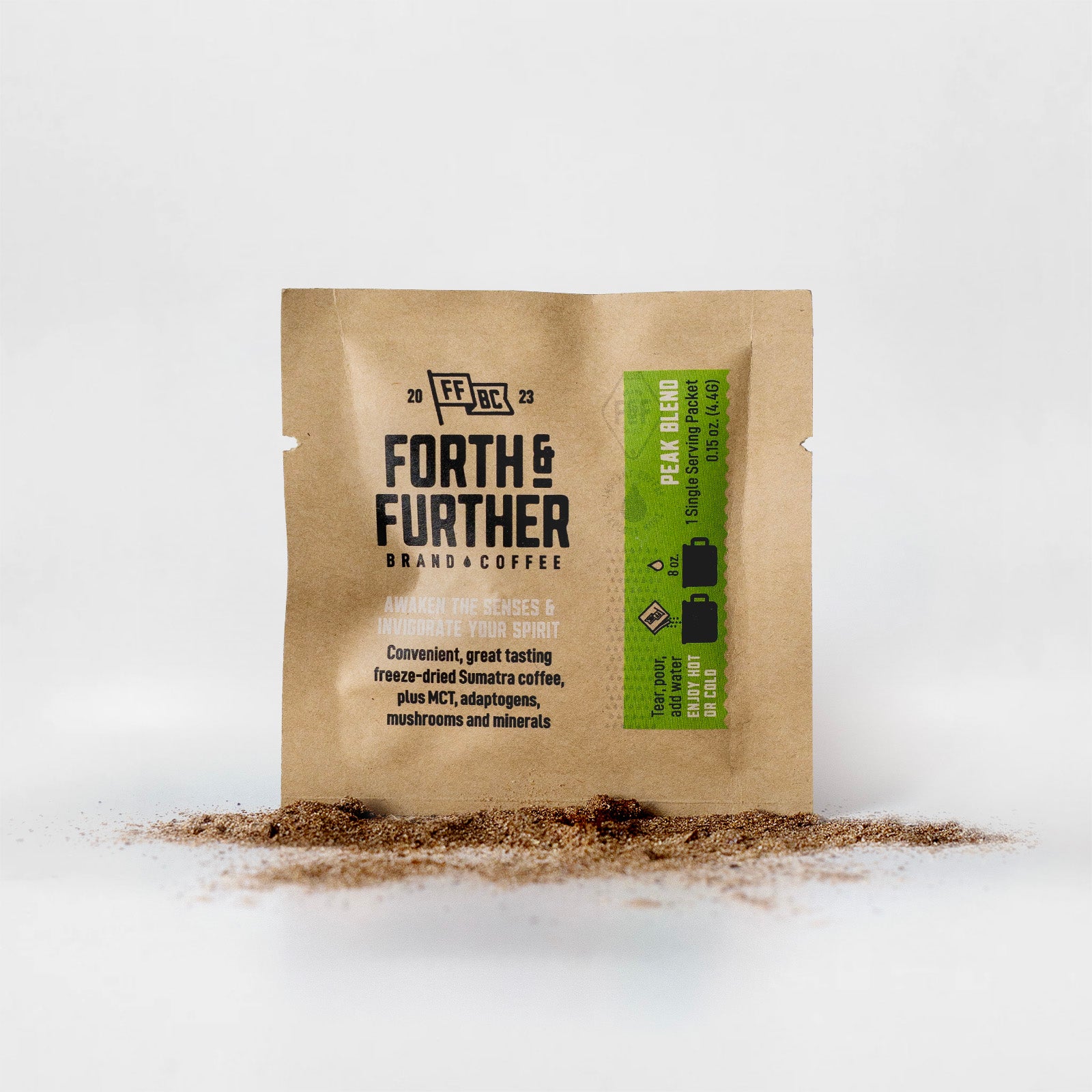 Forth & Further compostable coffee packaging with visible freeze-dried ingredients on a white background