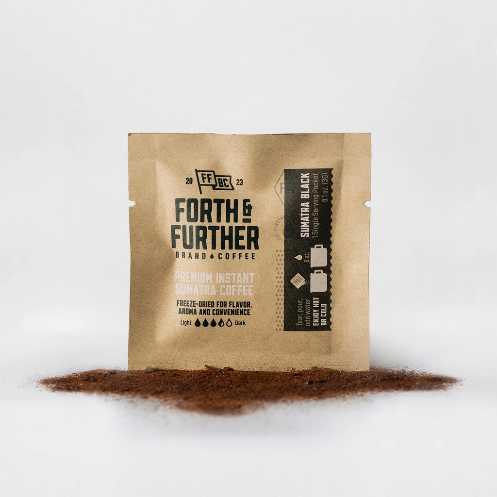 Forth and Further compostable coffee package with freeze-dried coffee on a white background