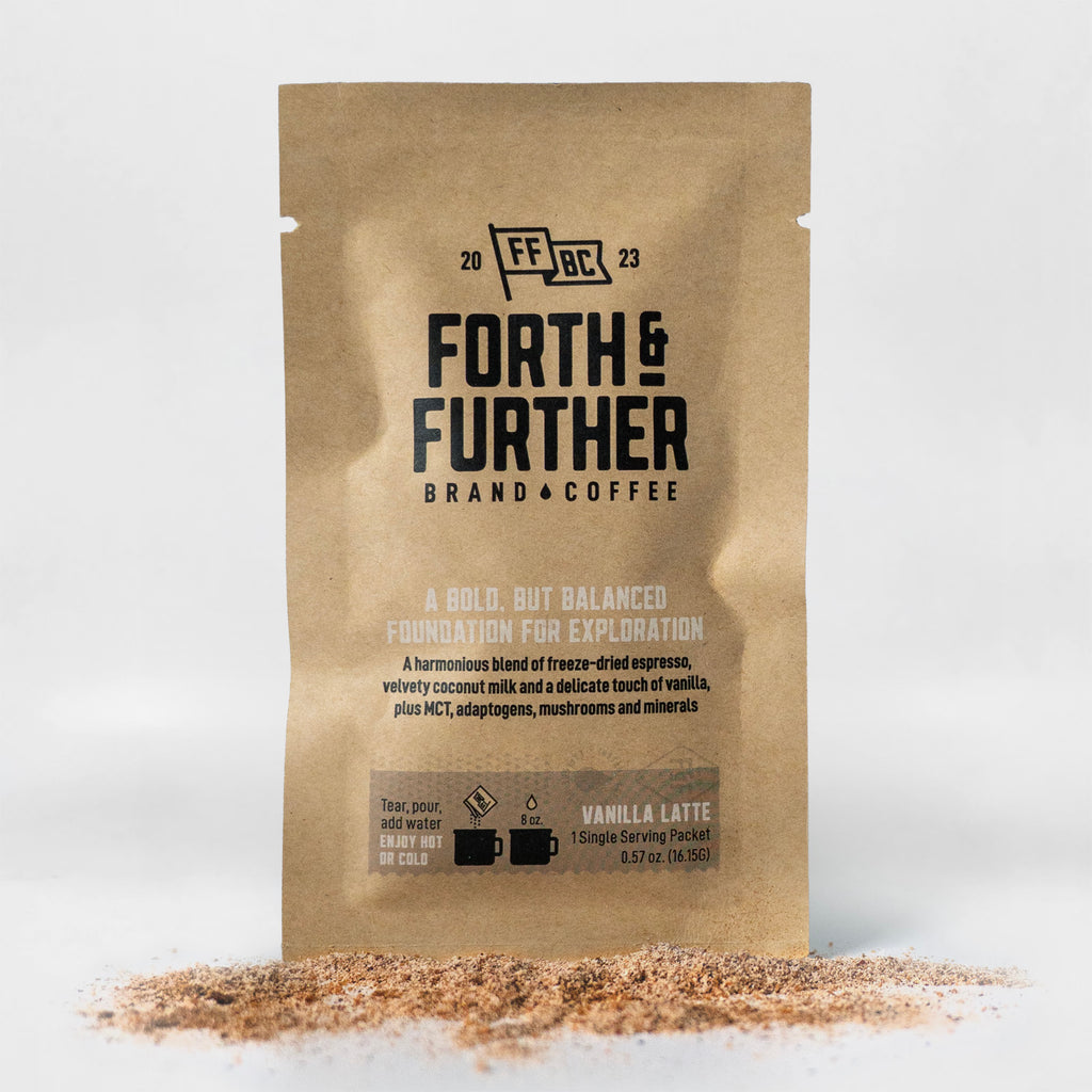 Forth and Further compostable coffee package with freeze-dried coffee on a white background