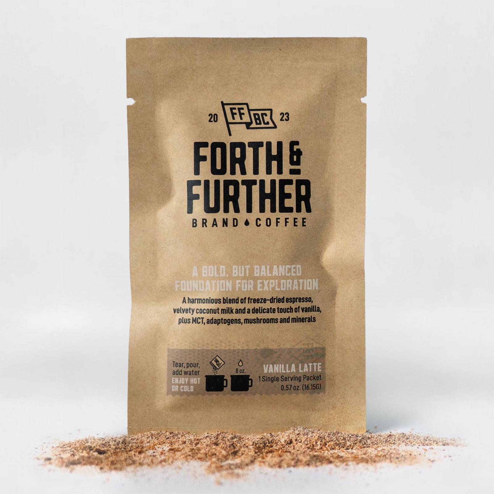 Forth and Further compostable coffee package with freeze-dried coffee on a white background