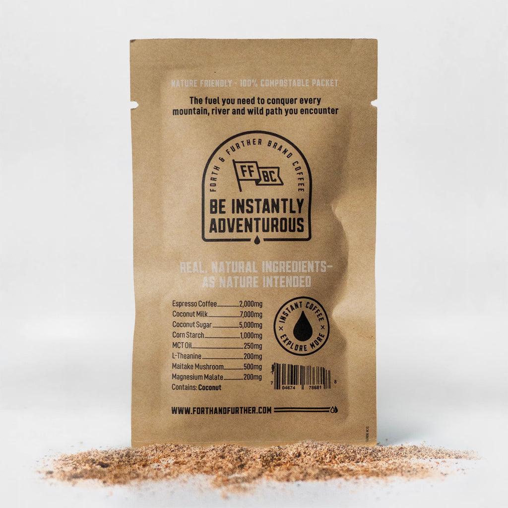 Forth and Further compostable coffee package with freeze-dried coffee on a white background