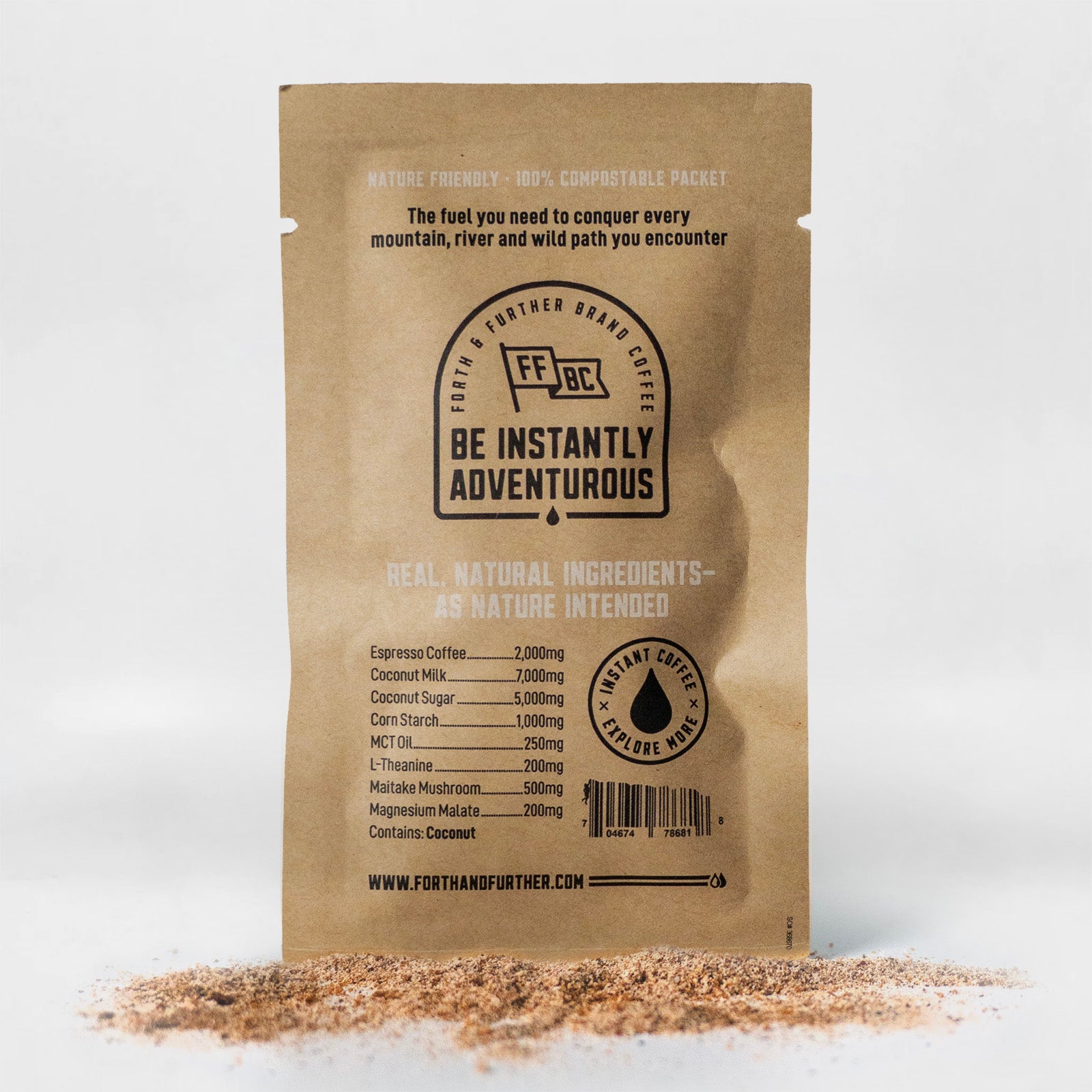 Forth and Further compostable coffee package with freeze-dried coffee on a white background