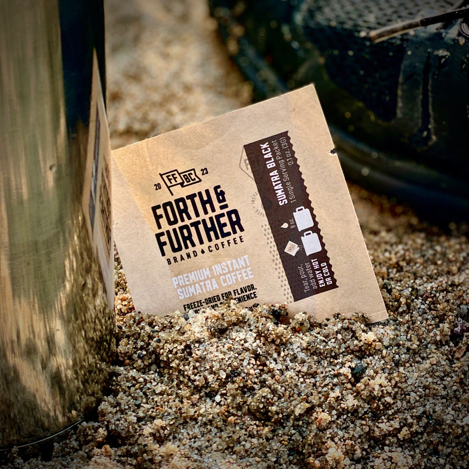 Forth & Further coffee package in sand with a metal water bottle