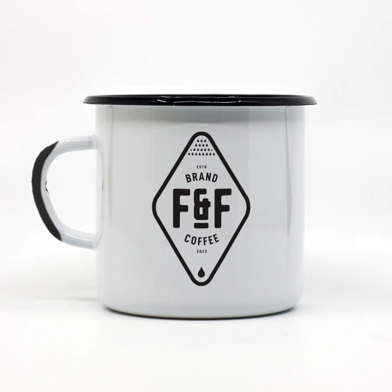 White enamel camp mug with black rim and F&F Brand Coffee logo on a white background