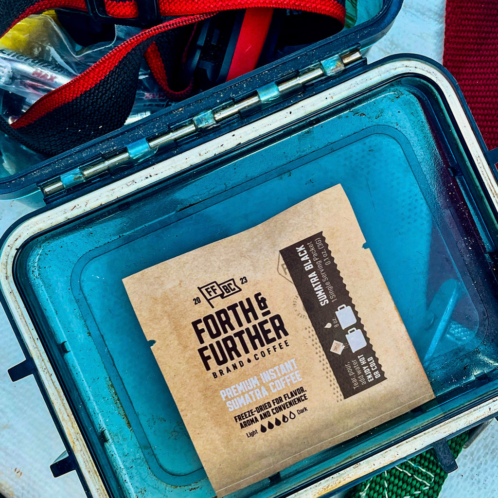 Forth & Further coffee package inside a blue watertight boat compartment