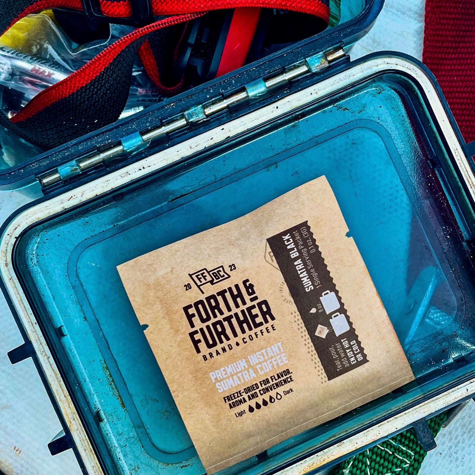 Forth & Further coffee package inside a blue watertight boat compartment
