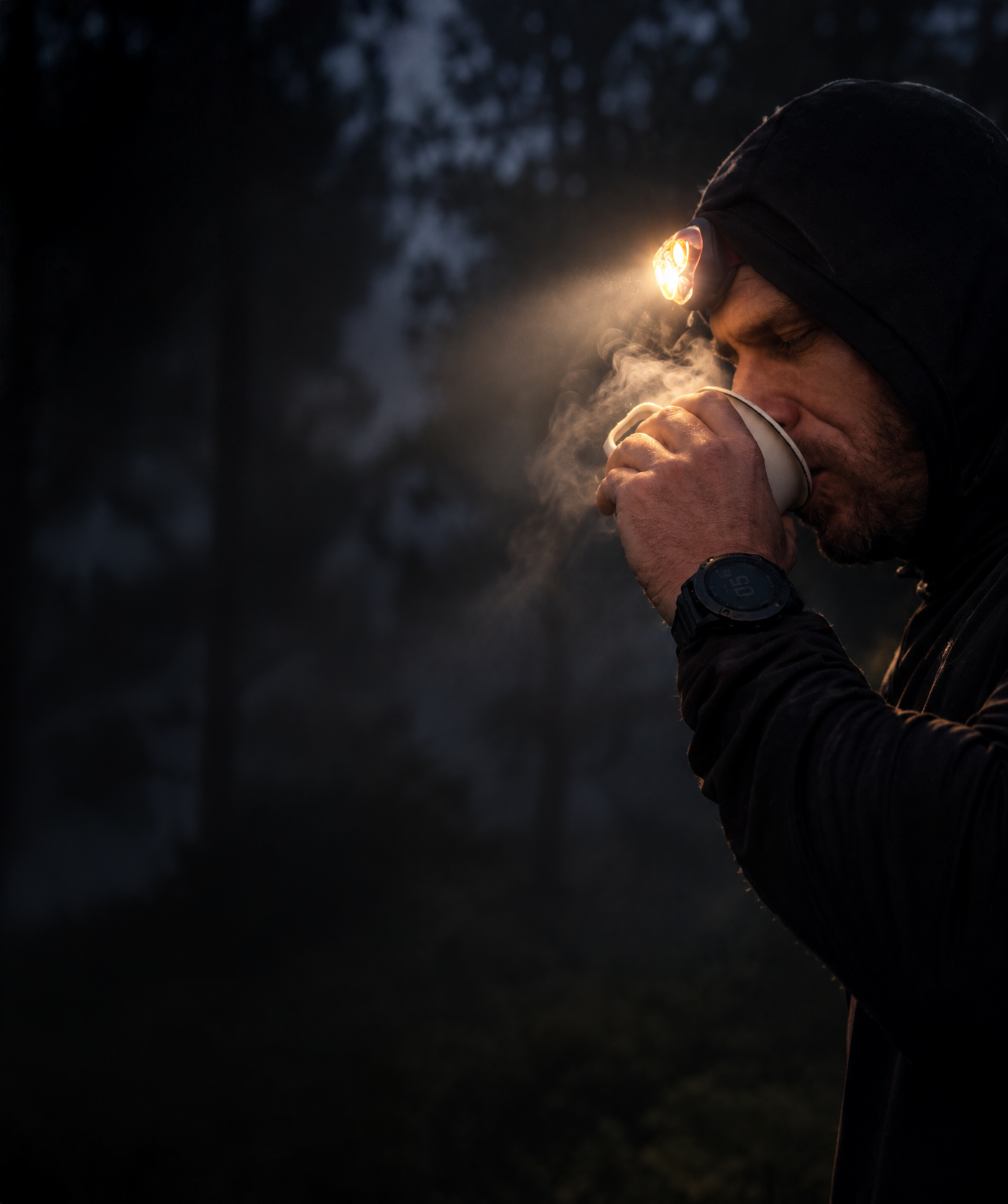 A person in a black hooded jacket drinking from a camp mug outdoors, with a headlamp glowing on their forehead and steam rising from the cup in low light